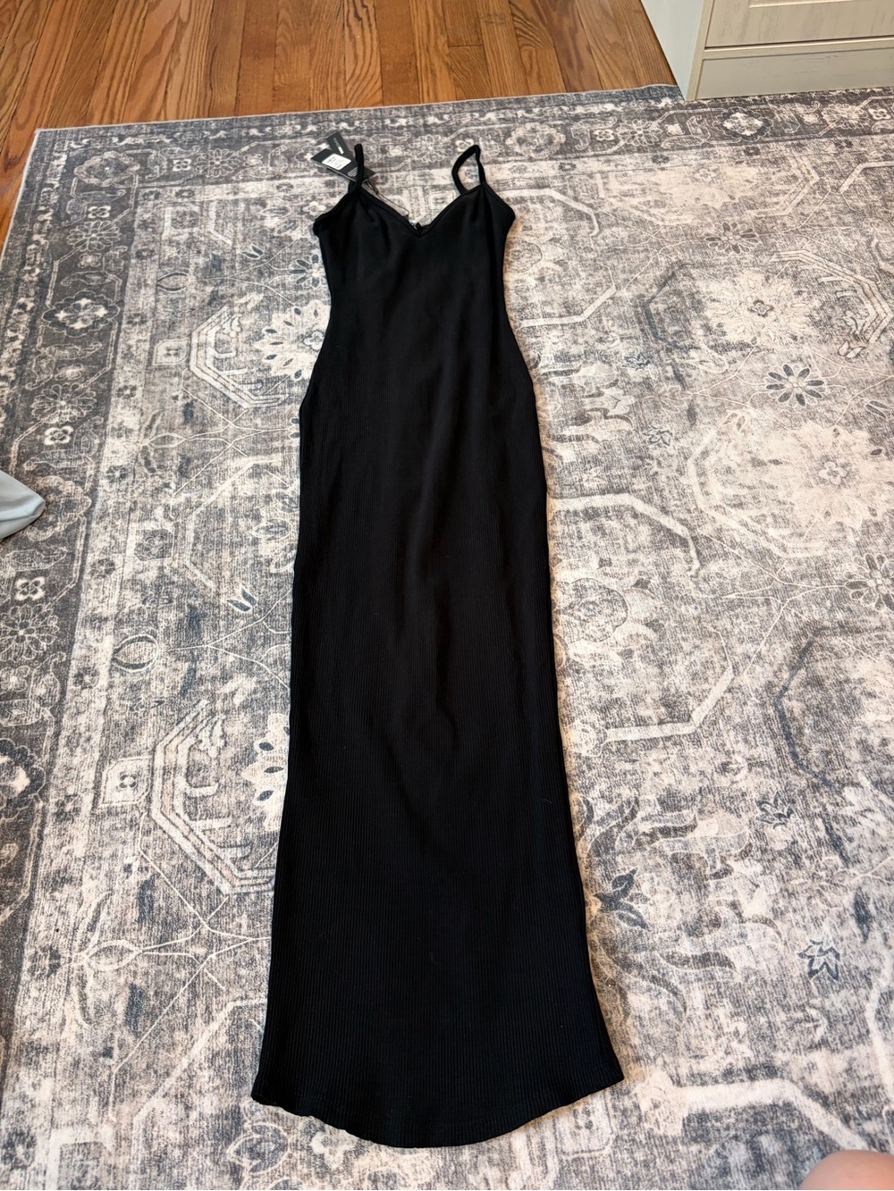 Fashion Nova Black Ribbed Maxi Slip Dress with V-Neck